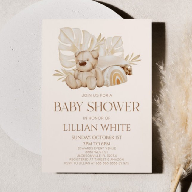 Invitación Boho Teddy Bear Nursery Floral deja Baby Shower (Subido por el creador)