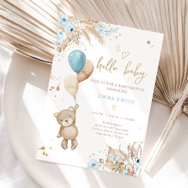 Invitación Boho Teddy Bear Picnic Boy Blue Baby Shower