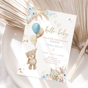 Invitación Boho Teddy Bear Picnic Boy Blue Baby Shower
