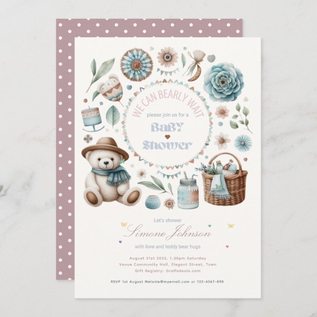 Invitación Boho Teddy Bear Picnic Tema Unisex de Baby Shower (Anverso / Reverso)