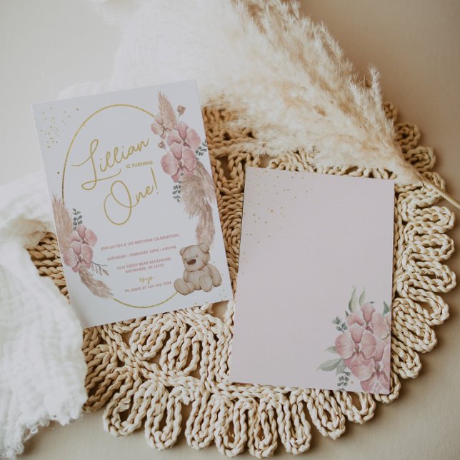Invitación Boho Teddy Bear Pink and Gold Cumpleaños (Subido por el creador)