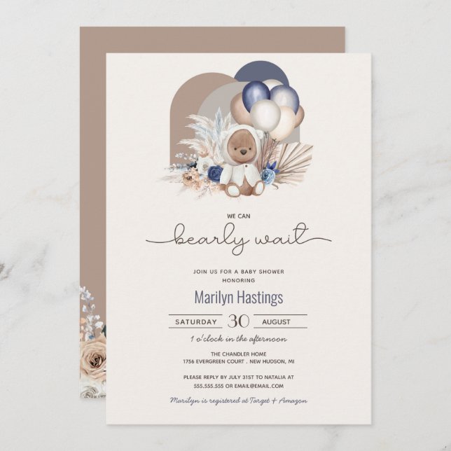 Invitación Boho Teddy Bear, podemos esperar temprano - Baby S (Anverso / Reverso)