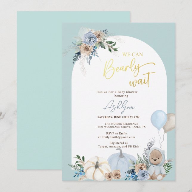 Invitación Boho Teddy Bear Pumpkin Boy Bearly Baby Shower (Anverso / Reverso)