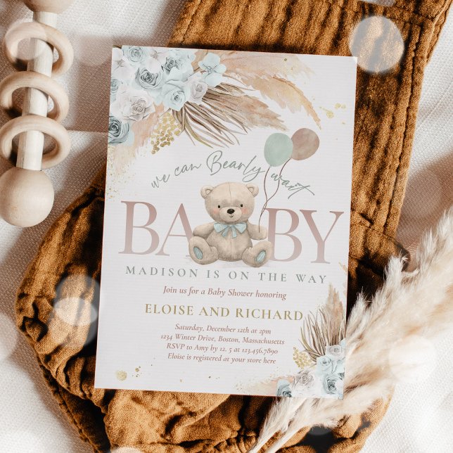 Invitación Boho Teddy Bear Sage Green Bearly Wait Baby Shower (Subido por el creador)