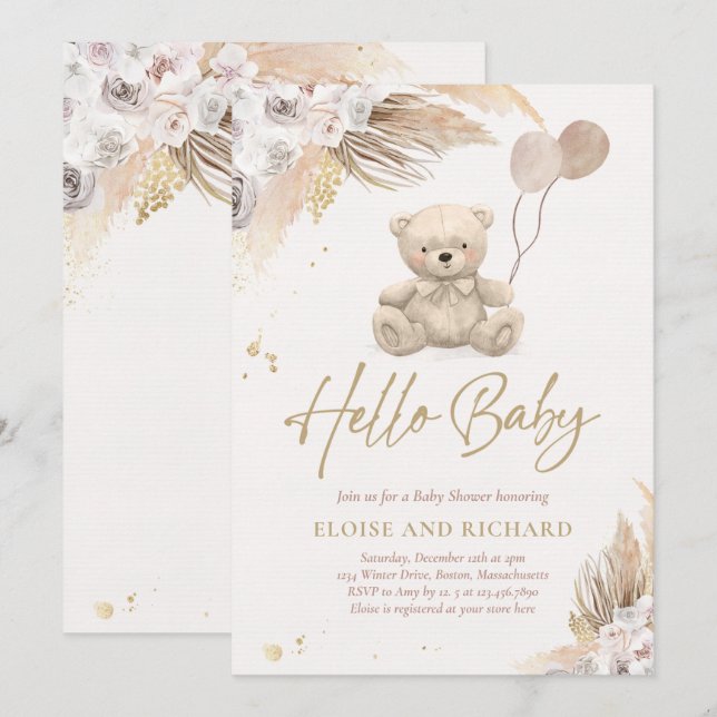 Invitación Boho Teddy Bear Sexo Neutral Baby Shower (Anverso / Reverso)