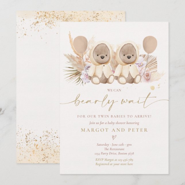 Invitación Boho Teddy Bear Sexo Neutral Twin Baby Shower (Anverso / Reverso)