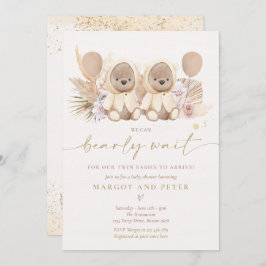 Invitación Boho Teddy Bear Sexo Neutral Twin Baby Shower