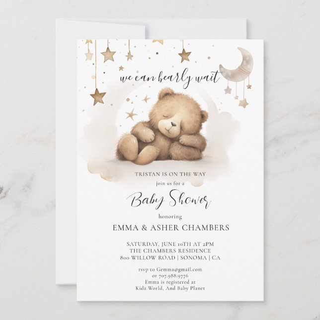 Invitación Boho Teddy Bear Stars Moon Baby Shower (Anverso)