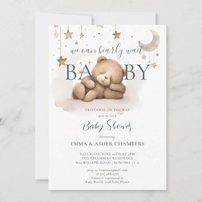 Invitación Boho Teddy Bear Stars Moon Baby Shower (Anverso)