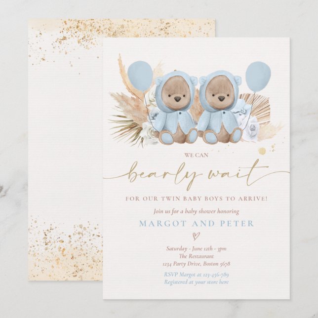 Invitación Boho Teddy Bear Twin Boys Bearly Wait Baby Shower (Anverso / Reverso)