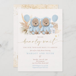 Invitación Boho Teddy Bear Twin Boys Bearly Wait Baby Shower