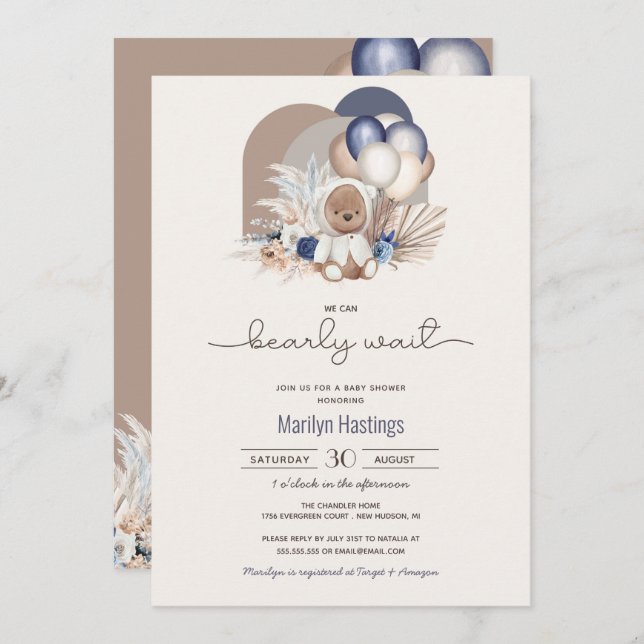 Invitación Boho Teddy Bear y los globos anuncian Baby Shower (Anverso / Reverso)
