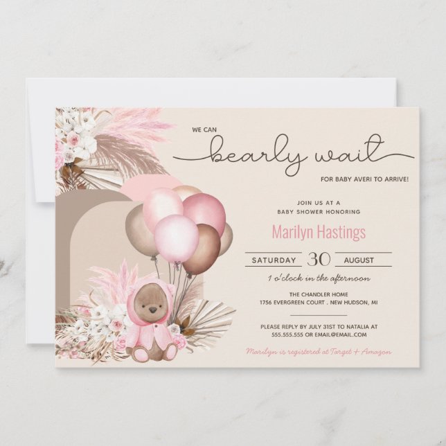 Invitación Boho Teddy Bear y los globos anuncian Baby Shower (Anverso)