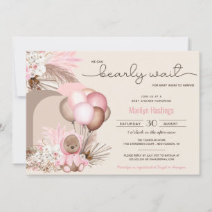 Invitación Boho Teddy Bear y los globos anuncian Baby Shower