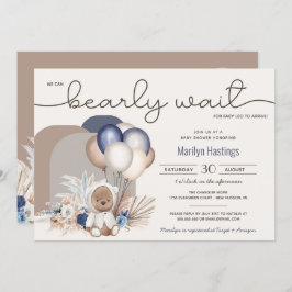 Invitación Boho Teddy Bear y los globos anuncian Baby Shower