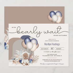 Invitación Boho Teddy Bear y los globos anuncian Baby Shower