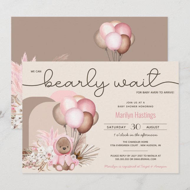 Invitación Boho Teddy Bear y los globos anuncian Baby Shower (Anverso / Reverso)
