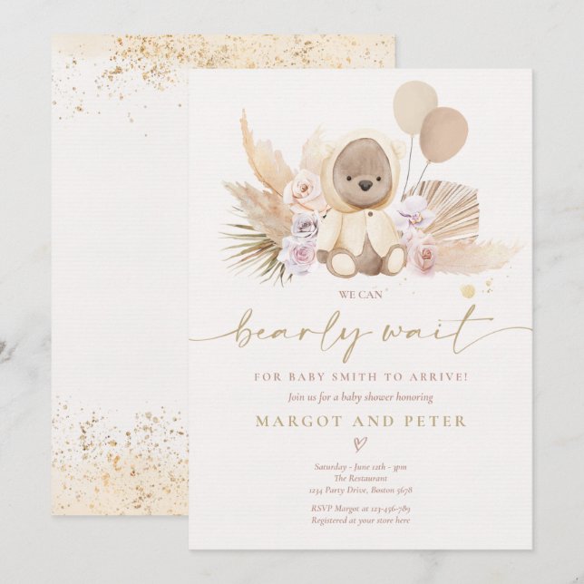 Invitación Boho Teddy Oso Sexo Neutral Oso Baby Shower En (Anverso / Reverso)