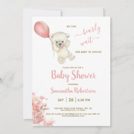 Invitación Boho Teddy Polar Bear Globo rosa Baby Shower
