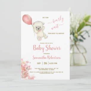 Invitación Boho Teddy Polar Bear Globo rosa Baby Shower
