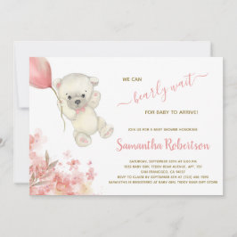 Invitación Boho Teddy Polar Bear Pink Pampa Grass Baby Shower