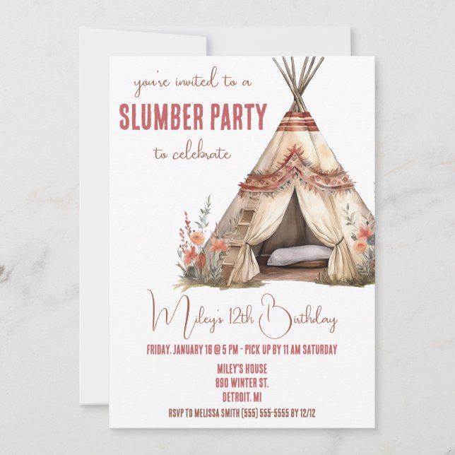 Invitación Boho TeePee Fiesta de madera, Sleepover, Cumpleaño (Anverso)