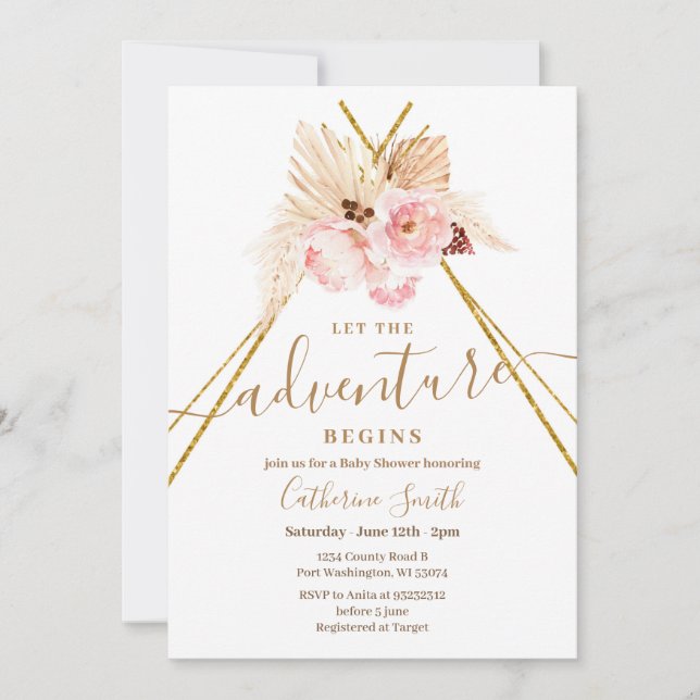 Invitación Boho Teepee Pampas Grass Adventure Baby Shower (Anverso)