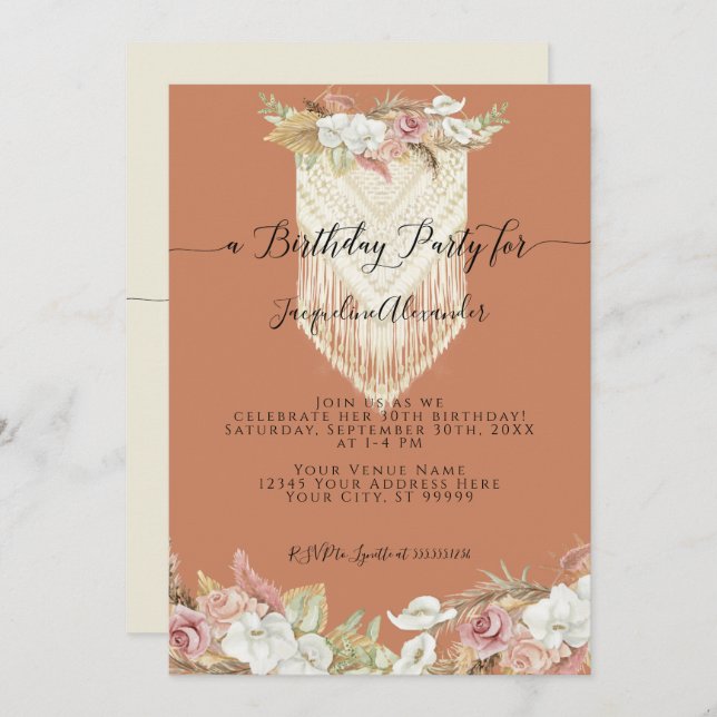 Invitación Boho Terra Cotta Tropical Floral Pampas Cumpleaños (Anverso / Reverso)