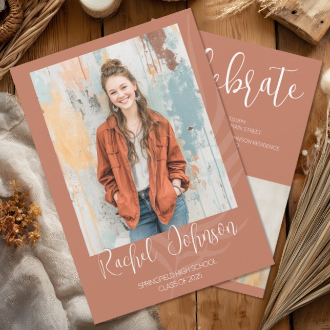 Invitación Boho Terracota Foto Graduación (Boho Graduation Photo Invitation)