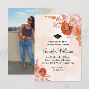 Invitación Boho Terracota Naranja Floral Foto Graduación