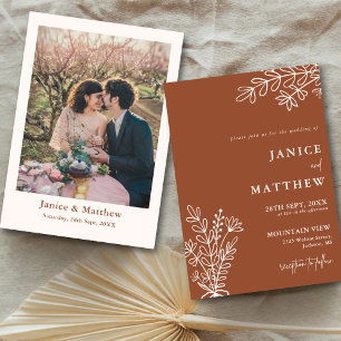 Invitación Boho Terracota Naranja Quemada Rústica Boda Fotogr