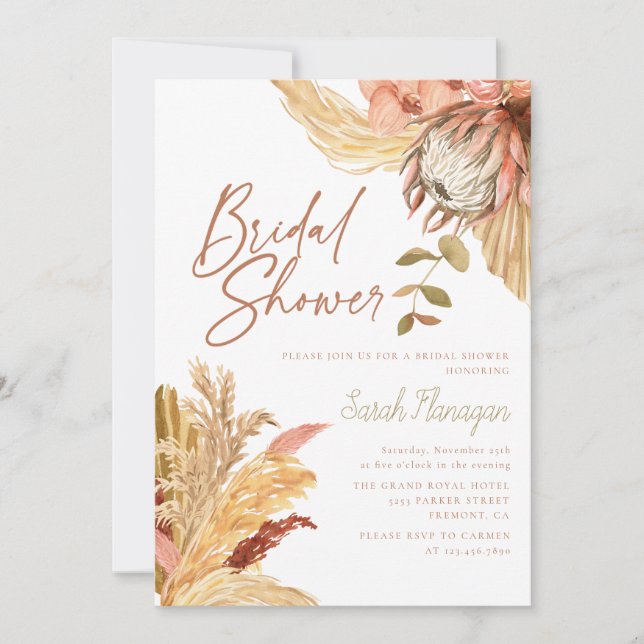 Invitación Boho Terracotta acuarela floral Ducha de novia (Anverso)