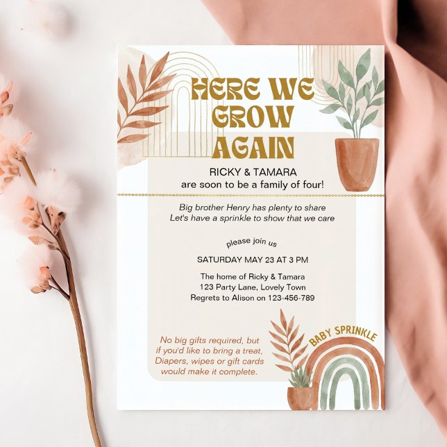 Invitación Boho Terracotta Aquí Crecemos De Nuevo Sprinkle de (Boho gender neutral baby sprinkle invitation by Darling & May)