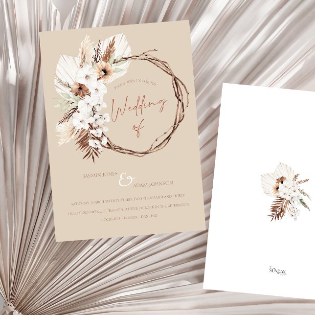 Invitación Boho Terracotta Beige Seco Boda de guirnaldas flor (Boho Terracotta Beige Dried Floral Wreath Wedding Invitation)