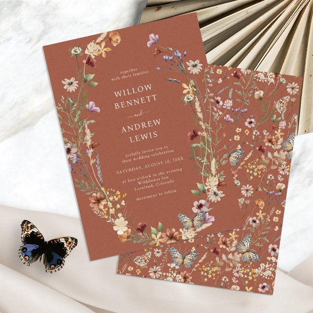 Invitación Boho Terracotta Boda Floral (Boho Terracotta Floral Wedding Invitation with Butterfly by Painted Paperie
)