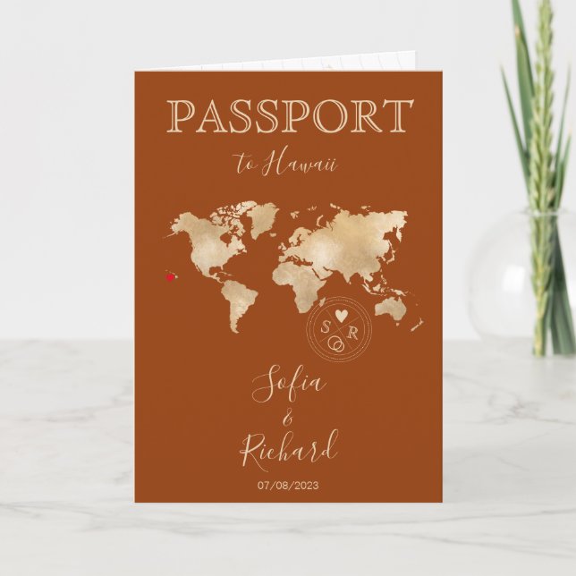 Invitación Boho Terracotta Boda Passport World Map Hawaii (Anverso)