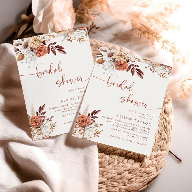 Invitación Boho Terracotta Bridal Shower Cream Floral (Subido por el creador)