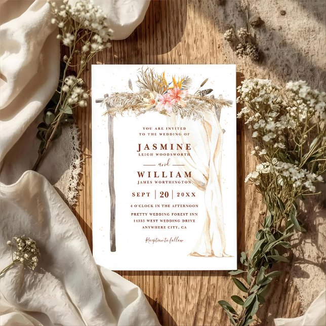 Invitación Boho Terracotta Canopy Floral Chic QR Code Wedding (Subido por el creador)