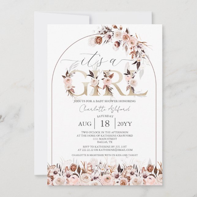Invitación Boho Terracotta Chica Floral Rosa Baby Shower (Anverso)