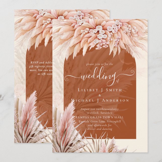 Invitación BOHO Terracotta Coral Pampas Grass Boda (Anverso / Reverso)