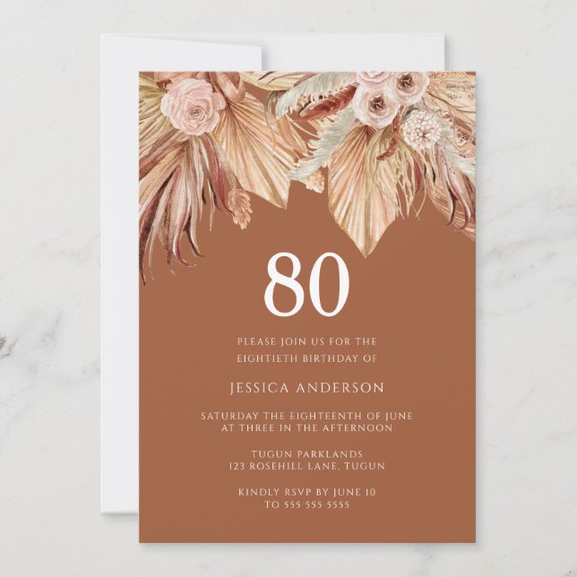Invitación Boho Terracotta Dried Floral 80th Birthday Party (Anverso)