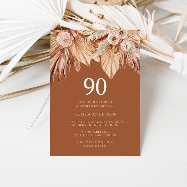 Invitación Boho Terracotta Dried Floral 90th Birthday Party (Subido por el creador)
