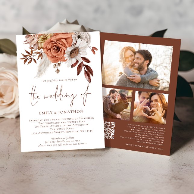 Invitación Boho Terracotta Fall Florals 3 Fotos Boda QR (Front and back view)