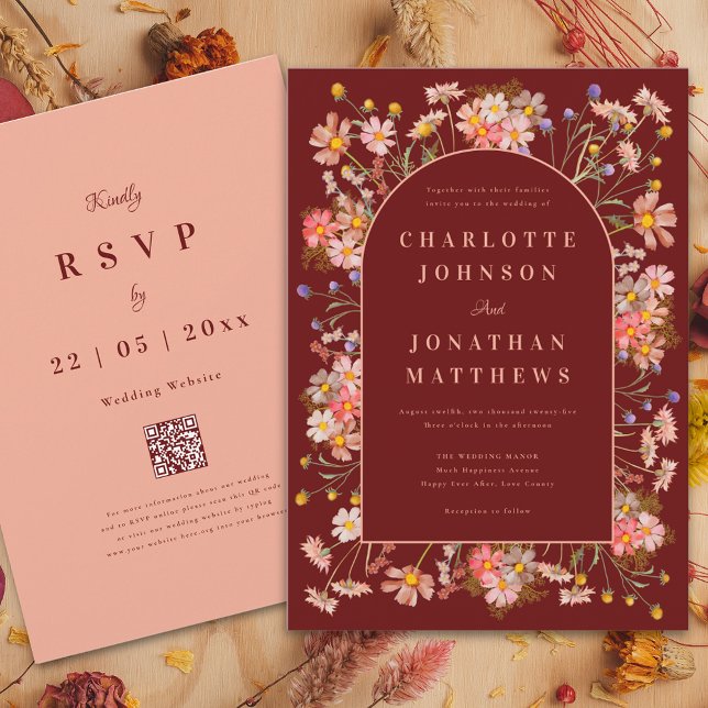 Invitación Boho Terracotta Fall Wedding (Wildflower arch elegant script burgundy terracotta fall wedding invitation with QR code)