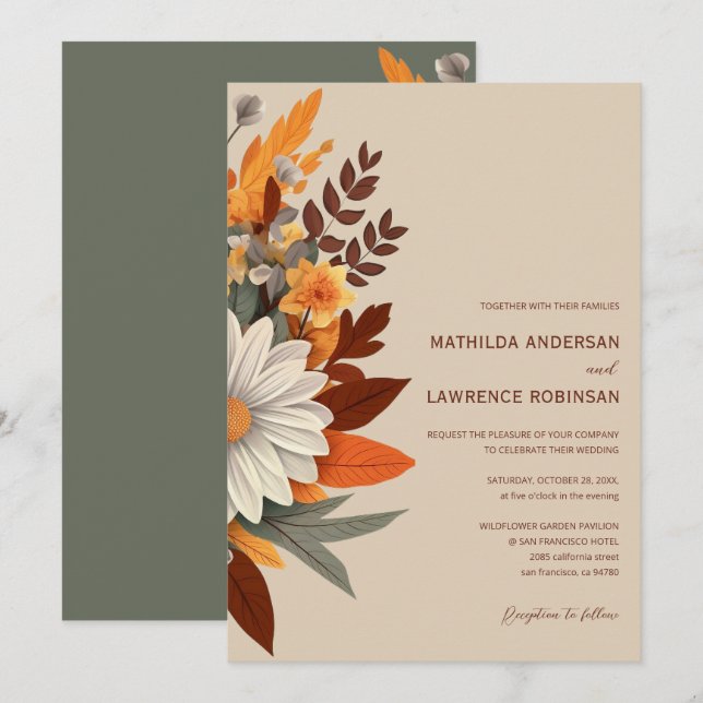 Invitación Boho Terracotta Flor de Flor Silvestre Boda Caída (Anverso / Reverso)