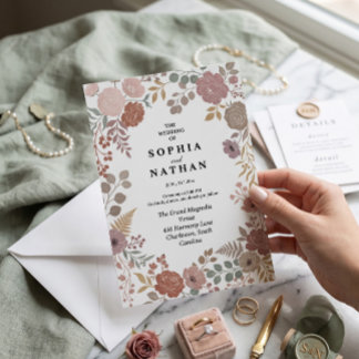Invitación Boho Terracotta Floral Botánico Rosa Polvorienta B