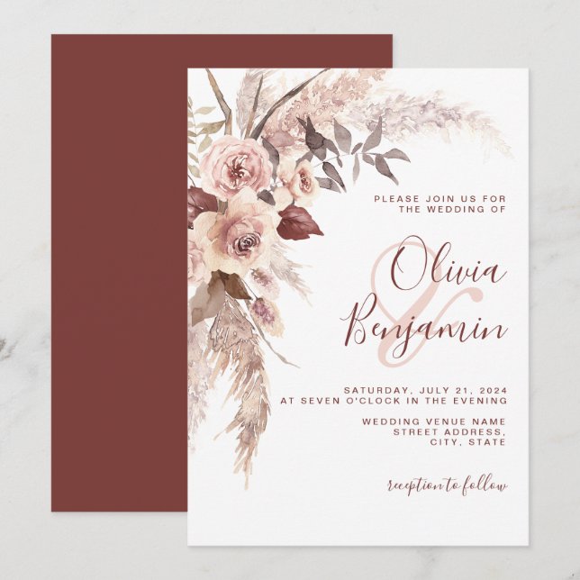 Invitación Boho Terracotta Floral Champagne Boda neutral (Anverso / Reverso)