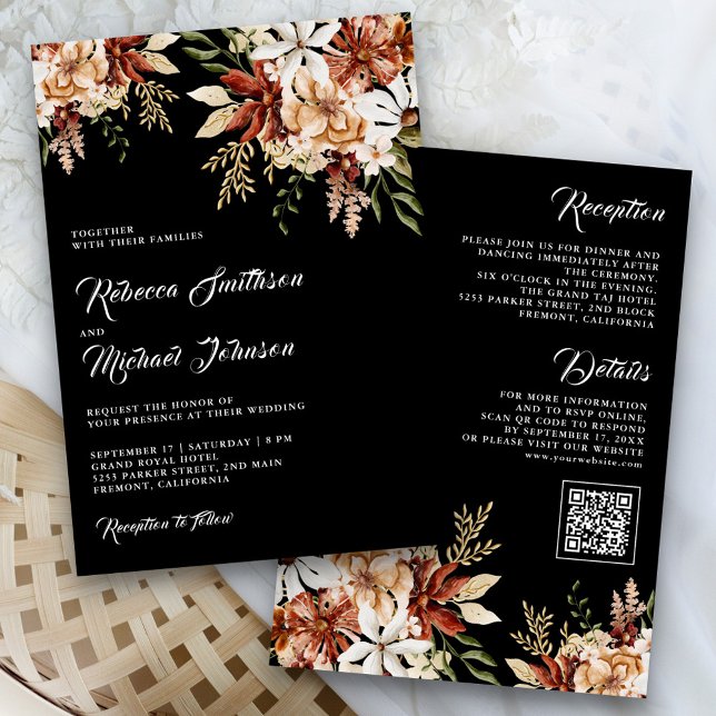 Invitación Boho Terracotta Floral Flor silvestre Boda negro (Subido por el creador)