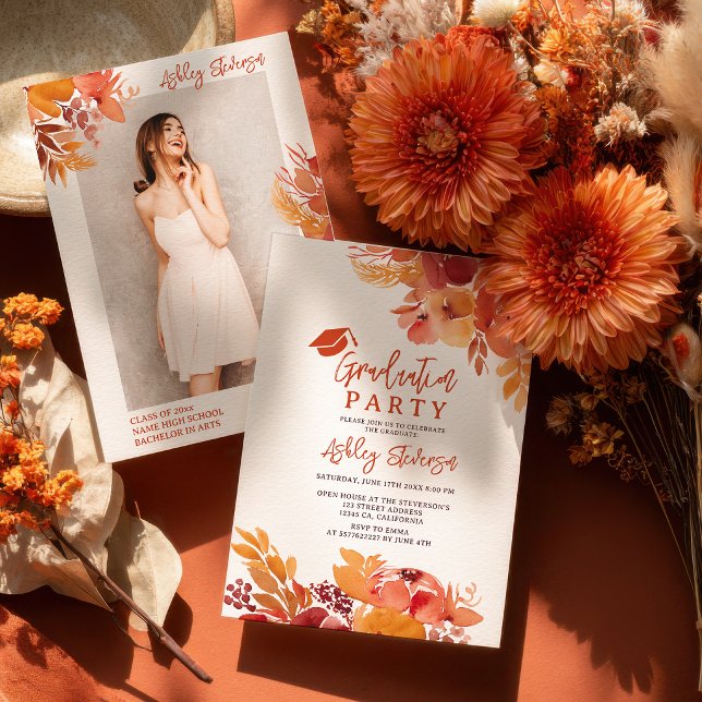 Invitación Boho Terracotta Floral Graduation Script Photo (Boho Terracotta Floral Graduation Script Photo Invitation)