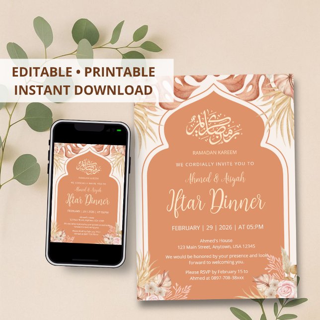 Invitación Boho Terracotta Floral Islamic Arch Iftar Dinner (Subido por el creador)